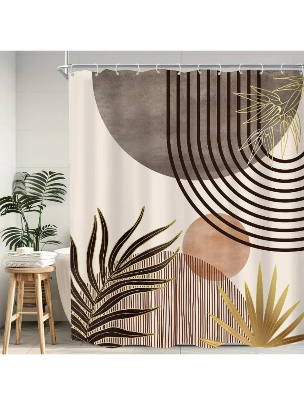 Mid Century Boho Abstract Gray & Brown Shower Curtain Set for Modern Bathrooms